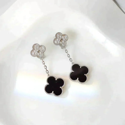[Am jewelry]CLOVER 2 MOTIFS  DIAMOND ONYX EARRINGS SILVER