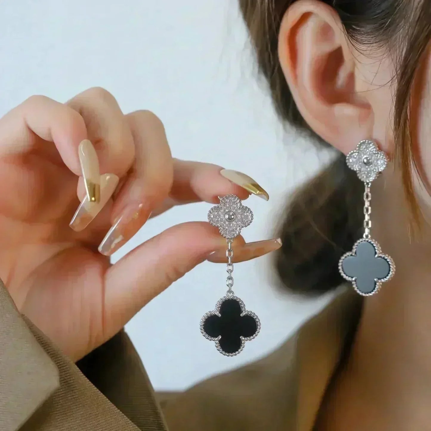 [Am jewelry]CLOVER 2 MOTIFS  DIAMOND ONYX EARRINGS SILVER