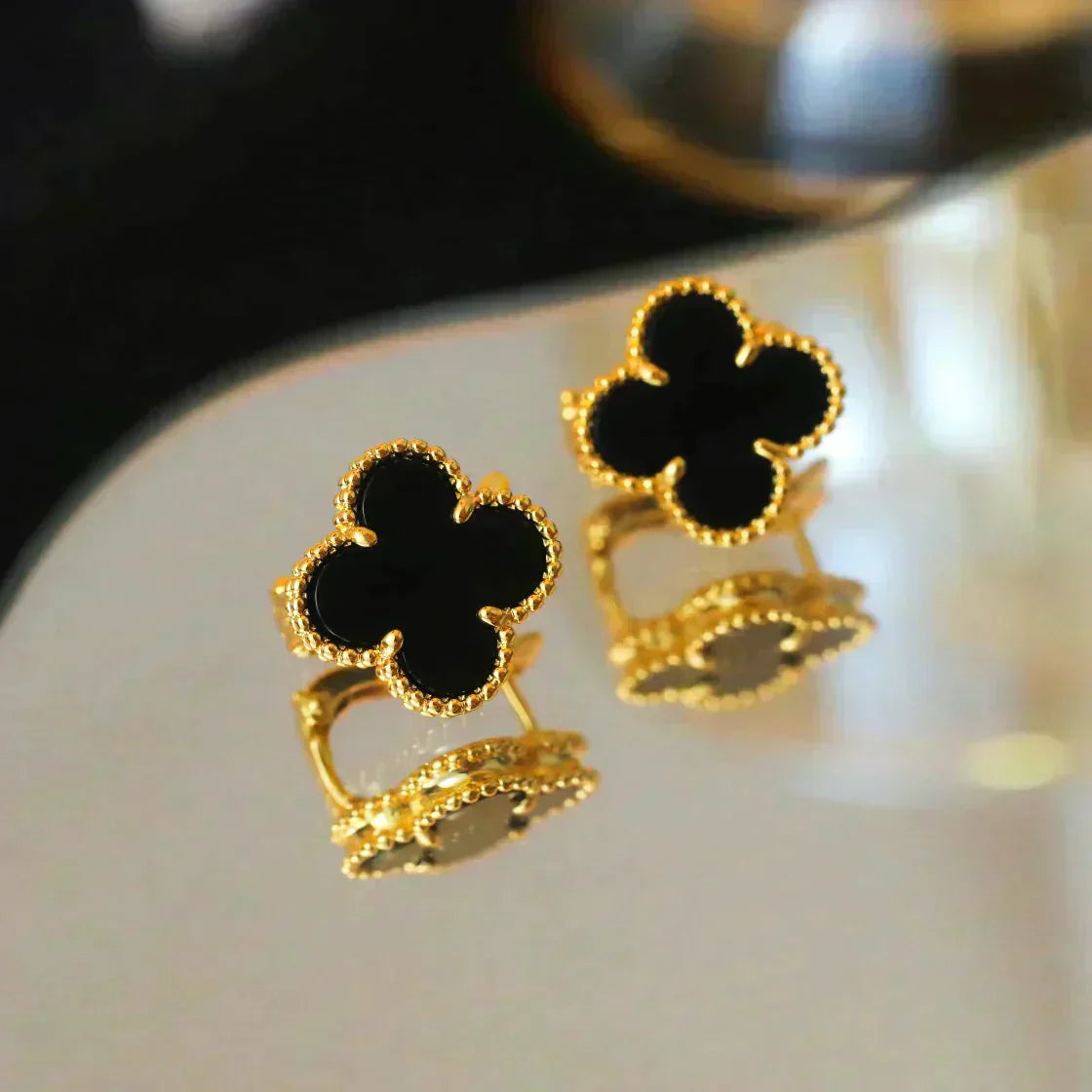 [Am jewelry]CLOVER MEDIUM 1 MOTIFS  ONYX STUD EARRINGS
