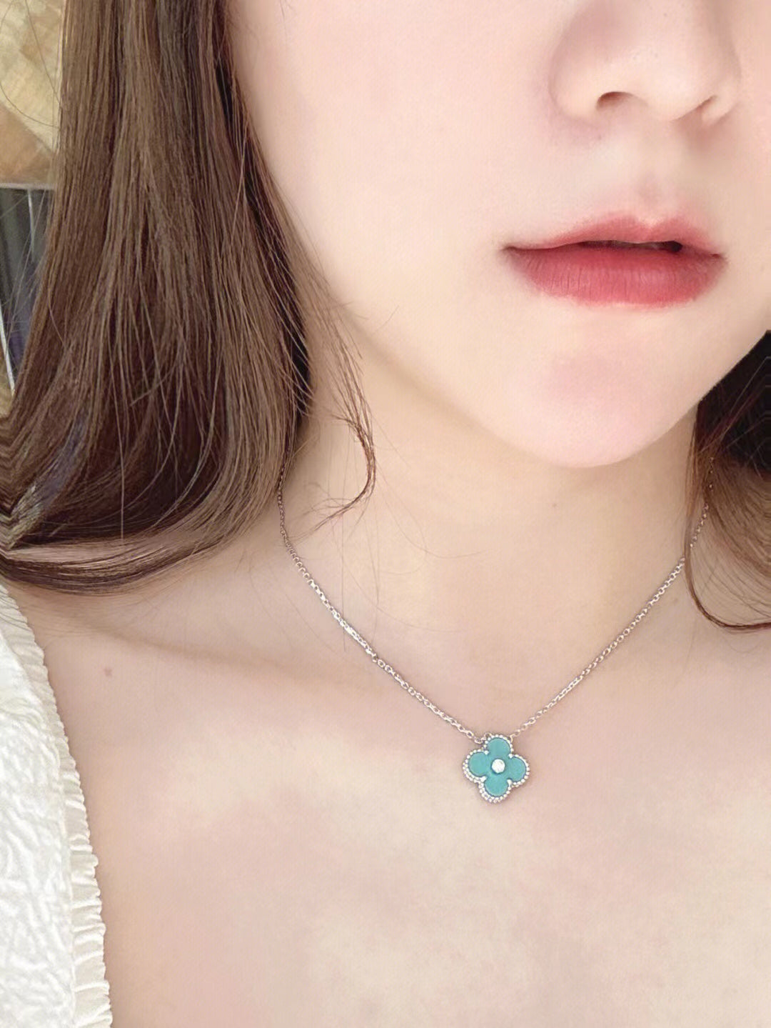 [Am jewelry]CLOVER 1 DIAMOND LIGHT BLUE SILVER NECKLACE