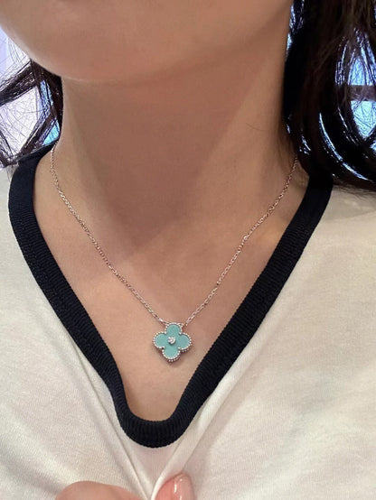 [Am jewelry]CLOVER 1 DIAMOND LIGHT BLUE SILVER NECKLACE