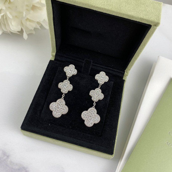 [Am jewelry]CLOVER 3 MOTIF DIAMOND SILVER DROP EARRINGS