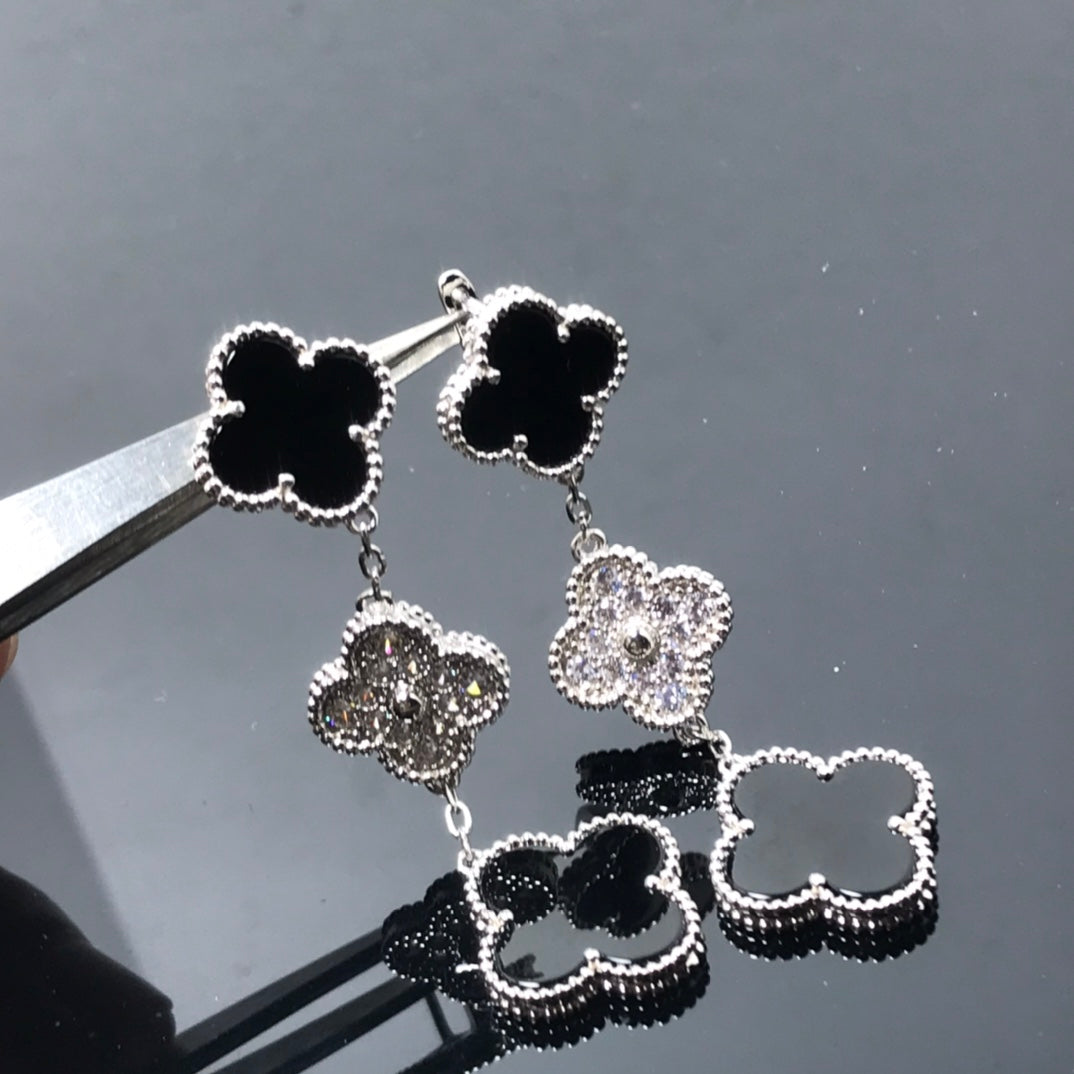 [Am jewelry]CLOVER 3 MOTIF DIAMOND ONYX SILVER EARRINGS