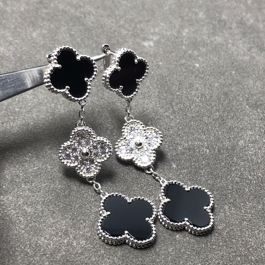 [Am jewelry]CLOVER 3 MOTIF DIAMOND ONYX SILVER EARRINGS