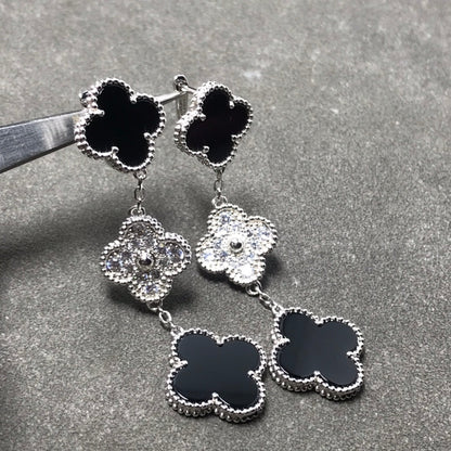 [Am jewelry]CLOVER 3 MOTIF DIAMOND ONYX SILVER EARRINGS