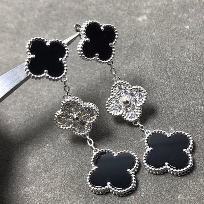 [Am jewelry]CLOVER 3 MOTIF DIAMOND ONYX SILVER EARRINGS