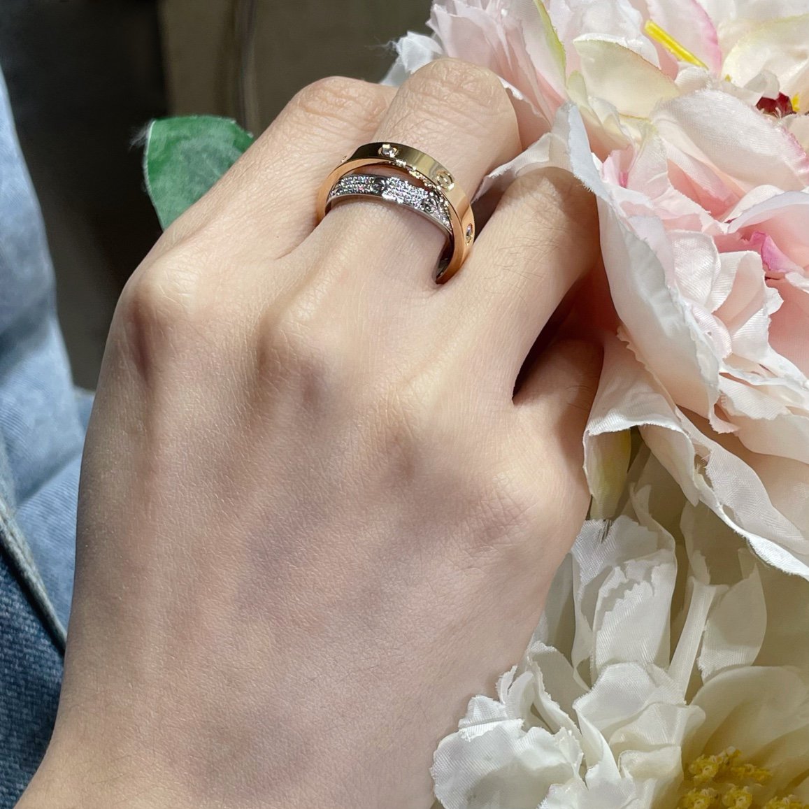 [Am jewelry]LOVE PINK GOLD SILVER DIAMOND DOUBLE RING
