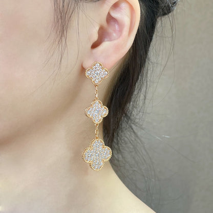 [Am jewelry]CLOVER 3 MOTIFS DIAMOND PAVED ROSE GOLD EARRINGS