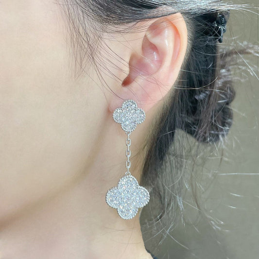 [Am jewelry]CLOVER 2 MOTIFS DIAMOND PAVED SILVER EARRINGS