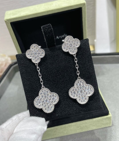 [Am jewelry]CLOVER 2 MOTIFS DIAMOND PAVED SILVER EARRINGS