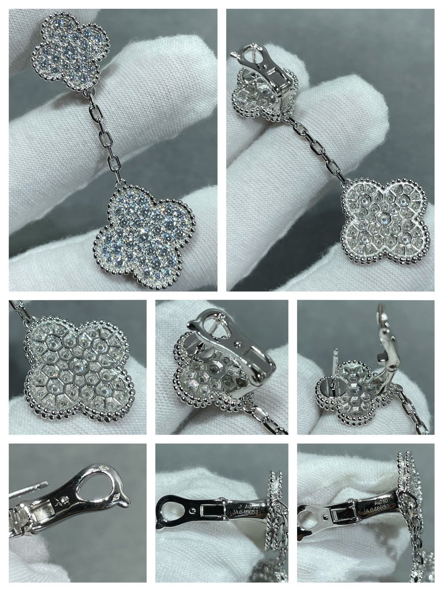 [Am jewelry]CLOVER 2 MOTIFS DIAMOND PAVED SILVER EARRINGS