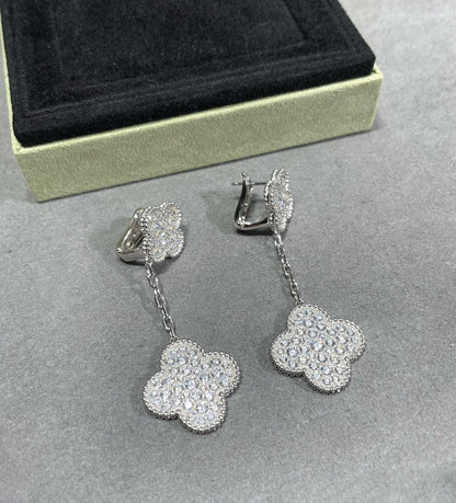 [Am jewelry]CLOVER 2 MOTIFS DIAMOND PAVED SILVER EARRINGS