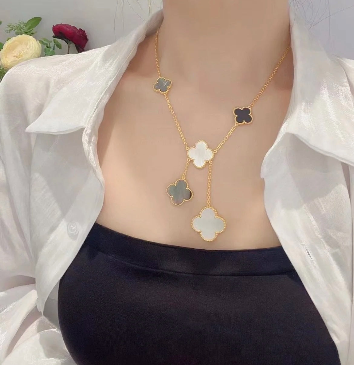 [Am jewelry]CLOVER 6 MOTIF MOP ONYX GOLD NECKLACE