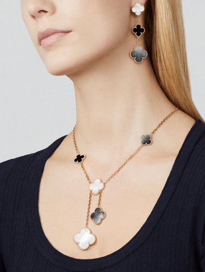 [Am jewelry]CLOVER 3 MOTIF MOP ONYX DARK MOP PINK GOLD EARRINGS