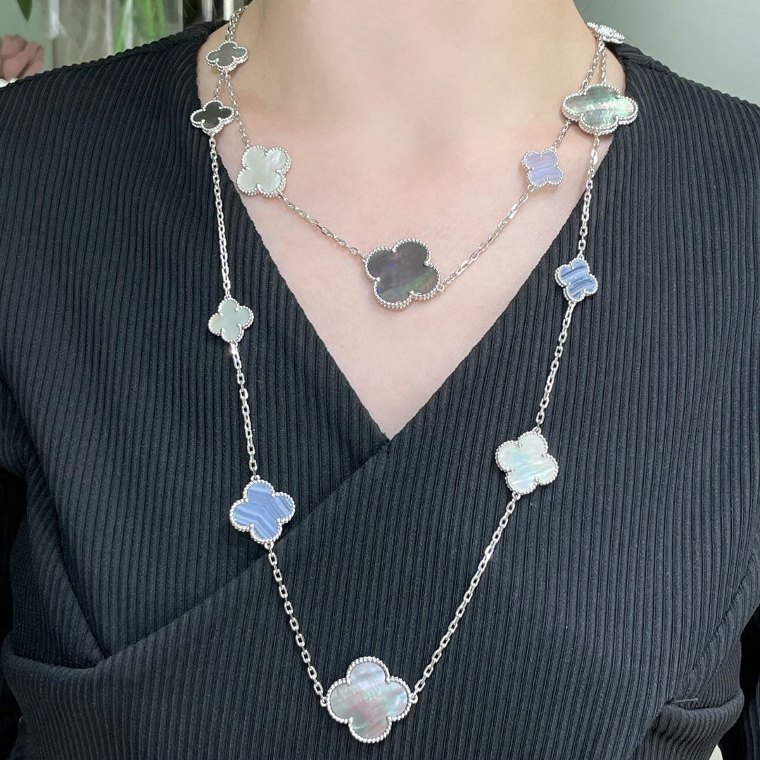[Am jewelry]CLOVER 16 MOTIF CHALCEDONY MOP SILVER NECKLACE