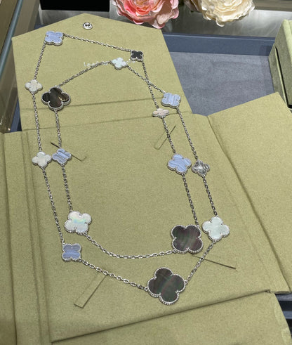 [Am jewelry]CLOVER 16 MOTIF CHALCEDONY MOP SILVER NECKLACE