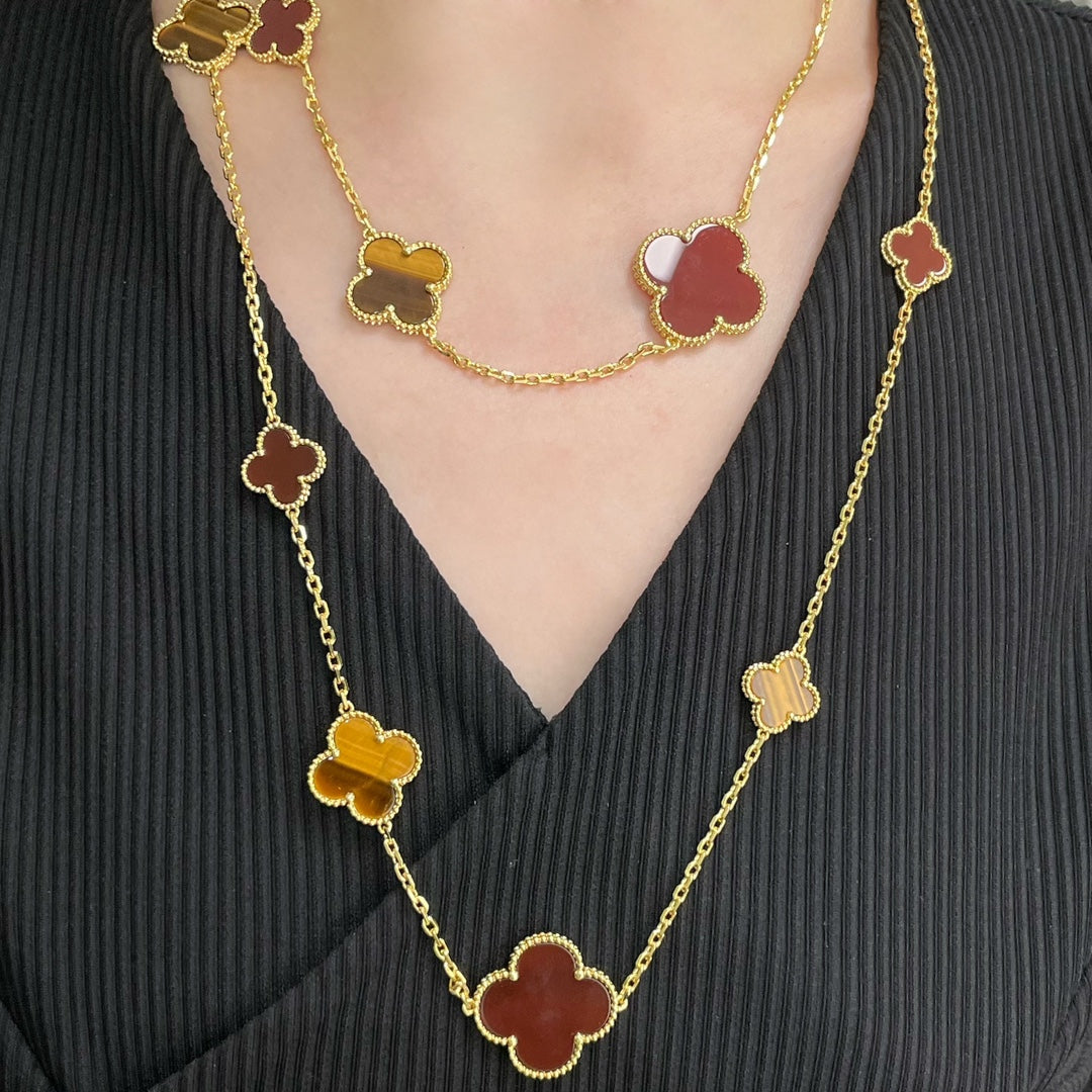 [Am jewelry]CLOVER 16 MOTIF CARNELIAN TIGER EYE ROSE GOLD NECKLACE