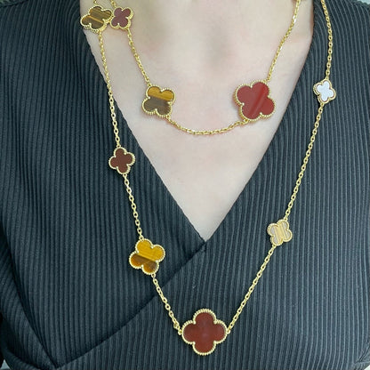 [Am jewelry]CLOVER 16 MOTIF CARNELIAN TIGER EYE ROSE GOLD NECKLACE