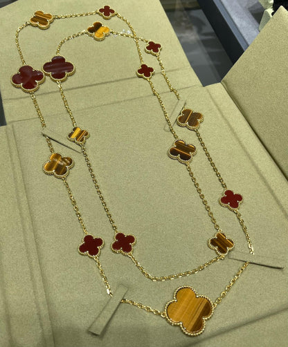 [Am jewelry]CLOVER 16 MOTIF CARNELIAN TIGER EYE ROSE GOLD NECKLACE