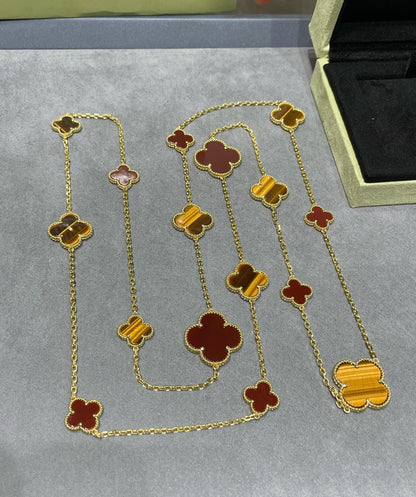 [Am jewelry]CLOVER 16 MOTIF CARNELIAN TIGER EYE ROSE GOLD NECKLACE