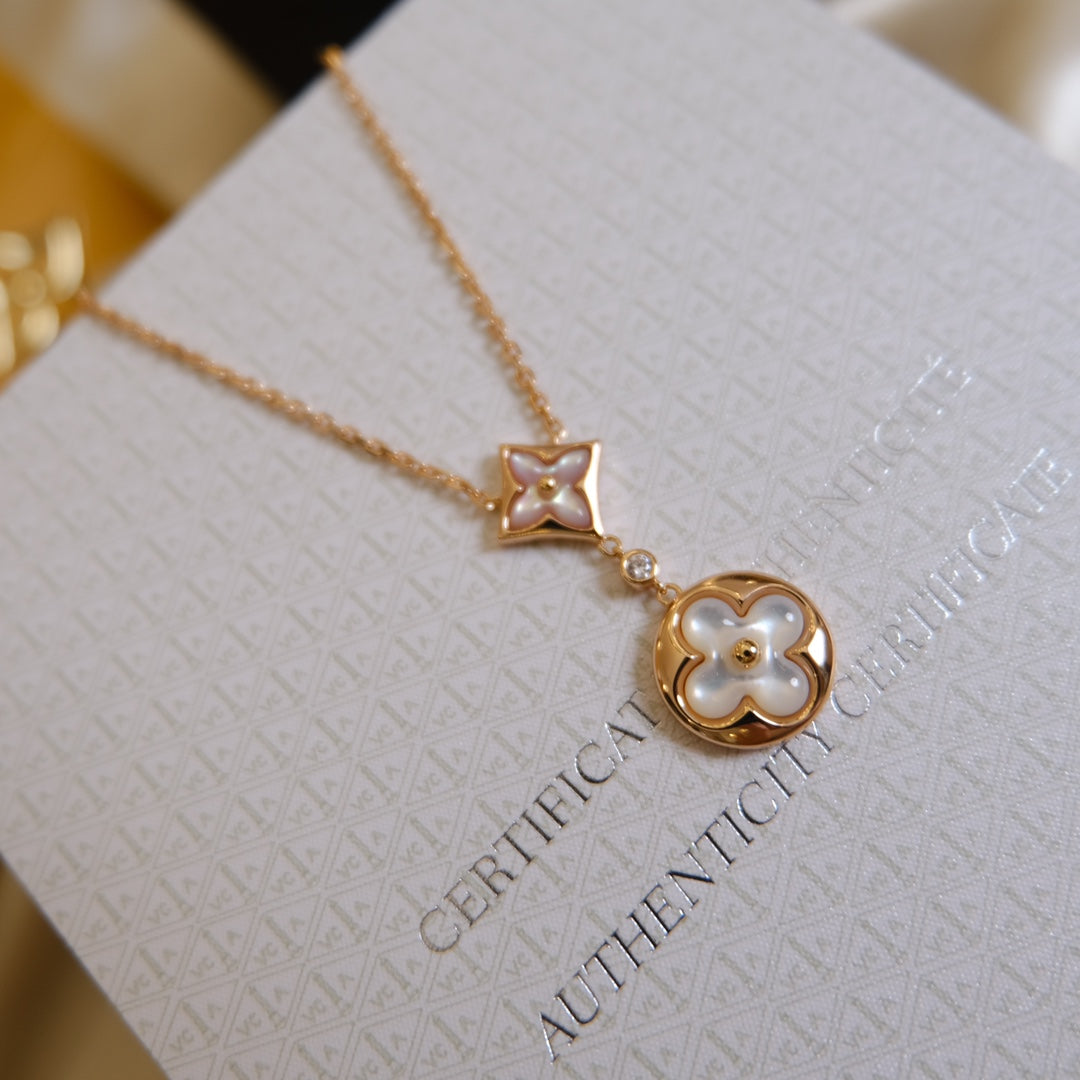 [Am jewelry]STAR AND SUN WHITE MOP 2 MOTIF PINK GOLD NECKLACE