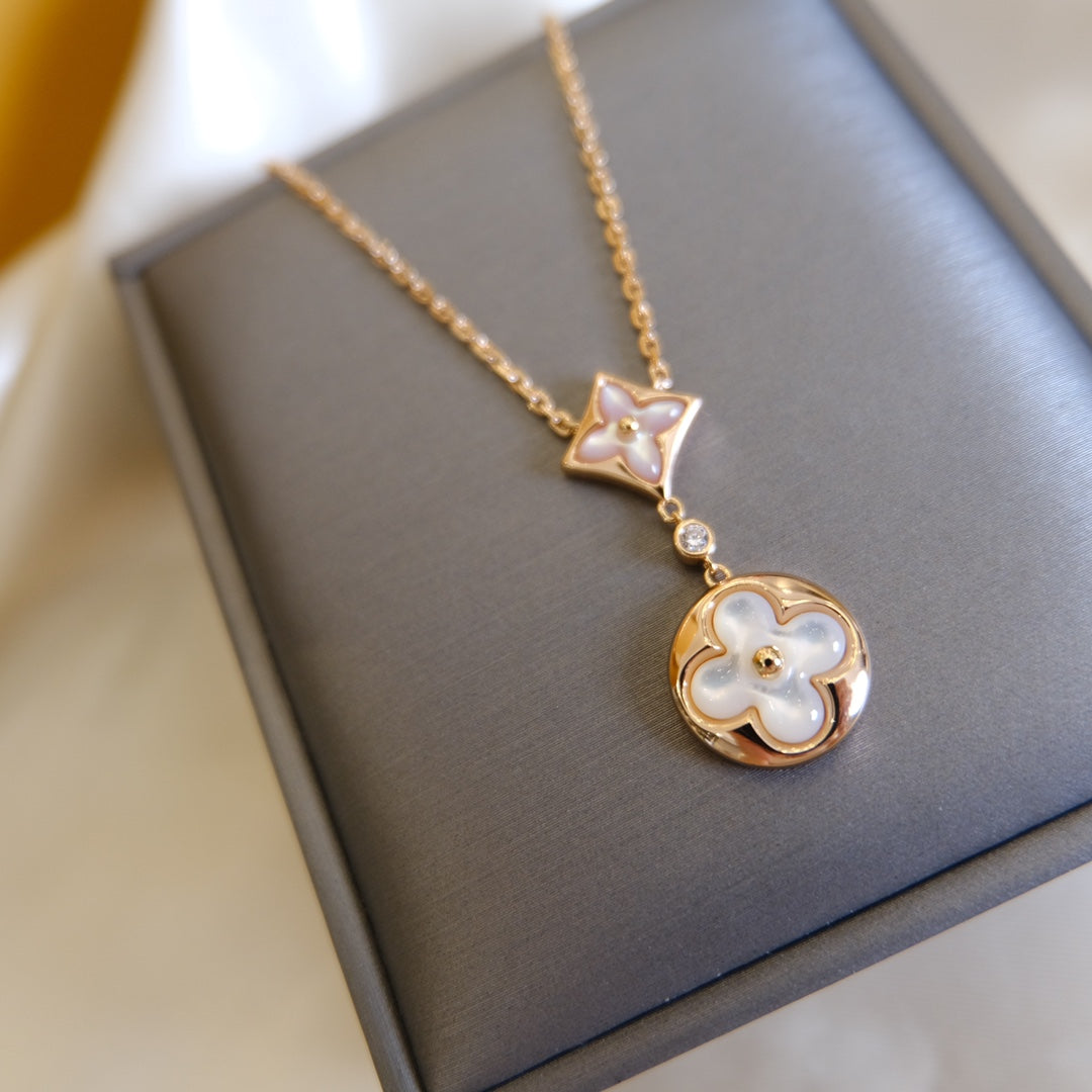 [Am jewelry]STAR AND SUN WHITE MOP 2 MOTIF PINK GOLD NECKLACE