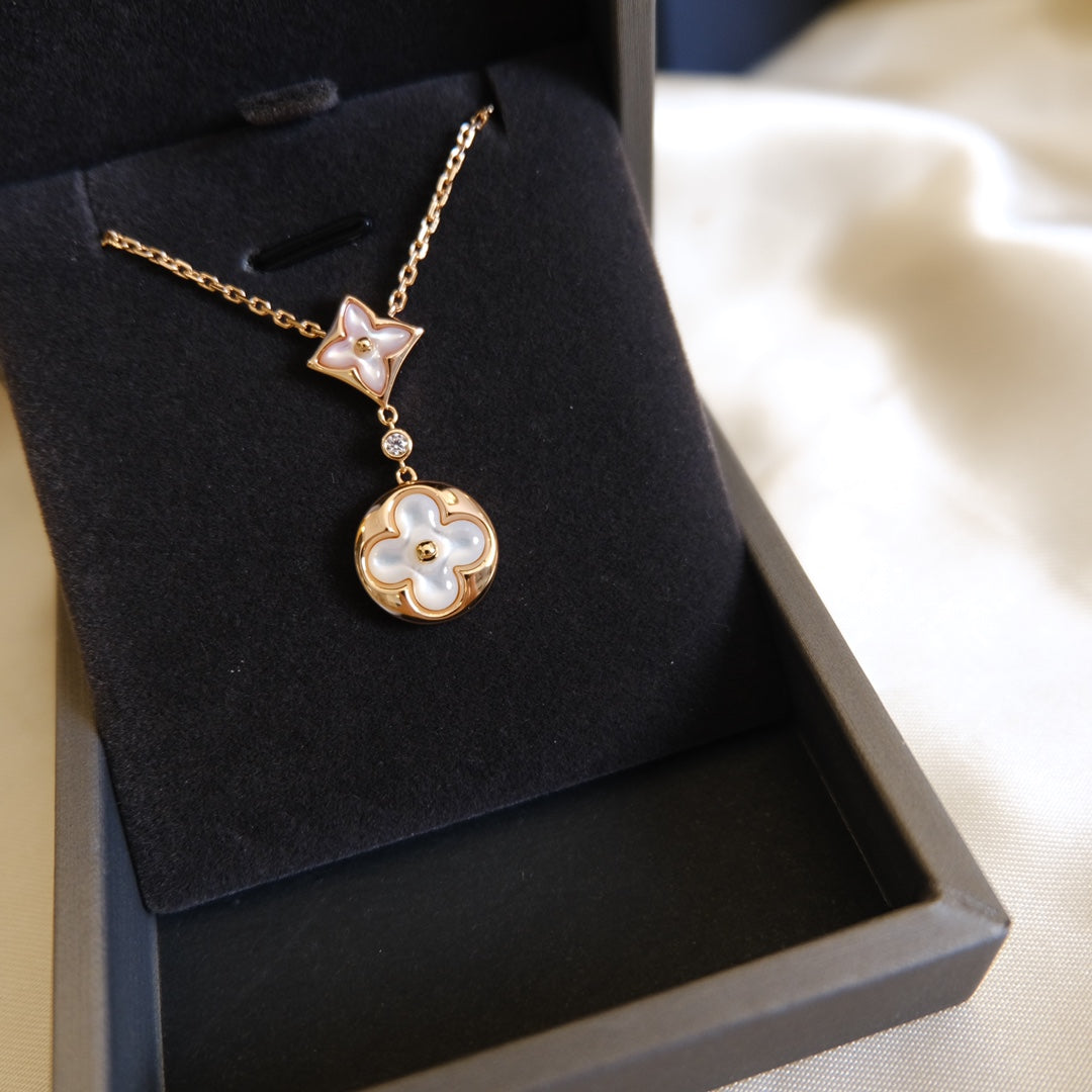 [Am jewelry]STAR AND SUN WHITE MOP 2 MOTIF PINK GOLD NECKLACE