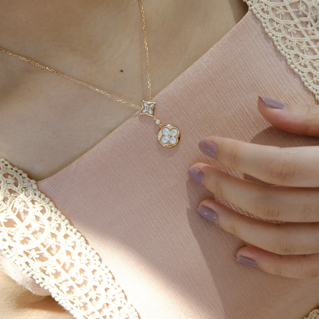 [Am jewelry]STAR AND SUN WHITE MOP 2 MOTIF PINK GOLD NECKLACE