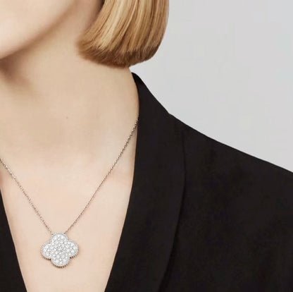 [Am jewelry]CLOVER 25MM LARGE PENDANT DIAMOND PAVED SILVER NECKLACE