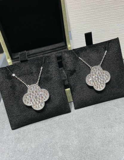 [Am jewelry]CLOVER 25MM LARGE PENDANT DIAMOND PAVED SILVER NECKLACE