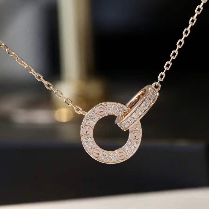 [Am jewelry]LOVE 7.6MM NECKLACE ROSE GOLD AND SILVER  FULL DIAMOND