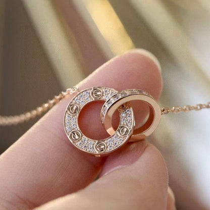 [Am jewelry]LOVE 7.6MM NECKLACE ROSE GOLD AND SILVER  FULL DIAMOND