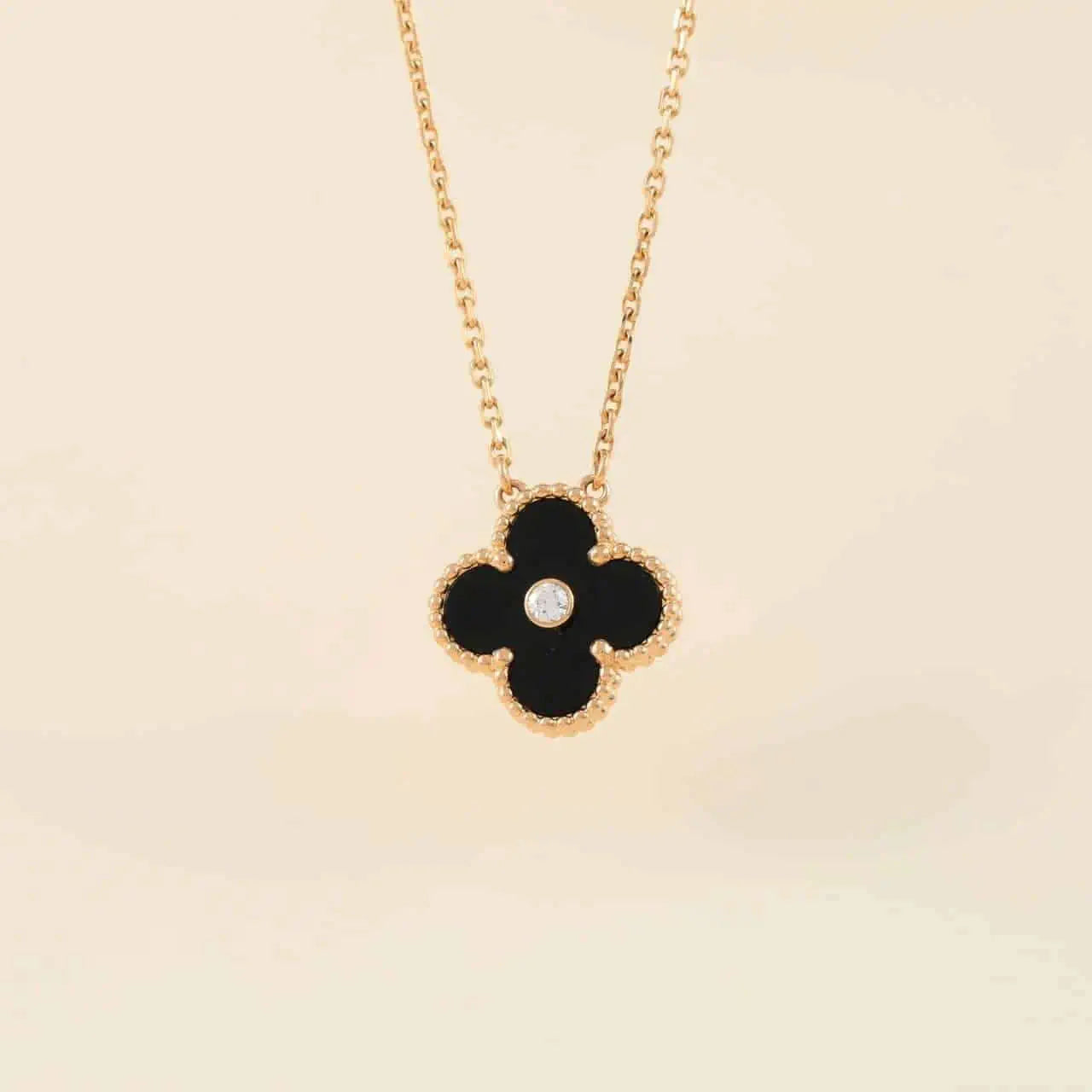 [Am jewelry]CLOVER 15MM DIAMOND ONYX NECKLACE