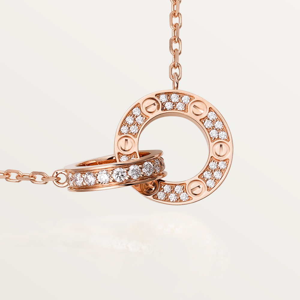 [Am jewelry]LOVE 7.6MM NECKLACE ROSE GOLD AND SILVER  FULL DIAMOND