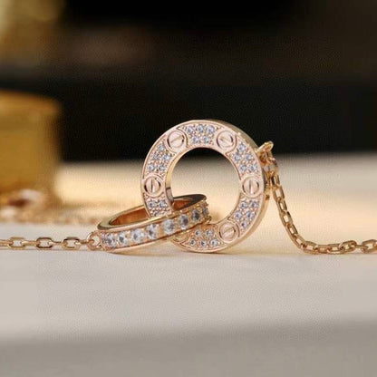[Am jewelry]LOVE 7.6MM NECKLACE ROSE GOLD AND SILVER  FULL DIAMOND