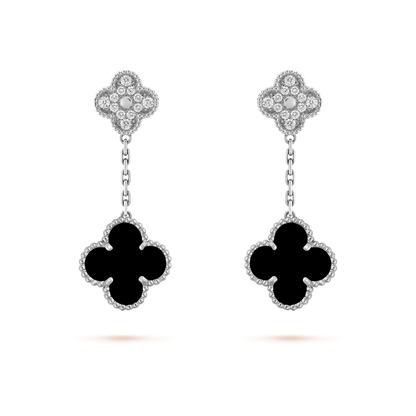 [Am jewelry]CLOVER 2 MOTIFS  DIAMOND ONYX EARRINGS SILVER