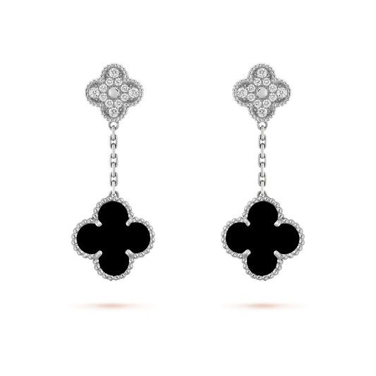 [Am jewelry]CLOVER 2 MOTIFS  DIAMOND ONYX EARRINGS SILVER