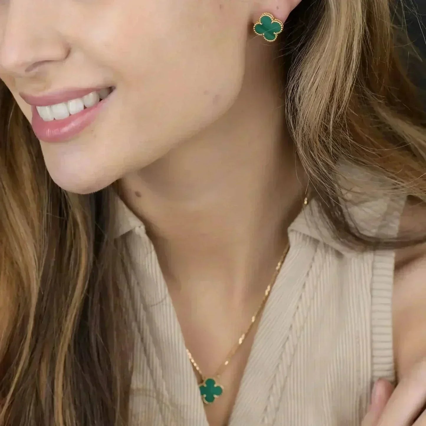 [Am jewelry]CLOVER MINI 9.5MM MALACHITE  EARRINGS
