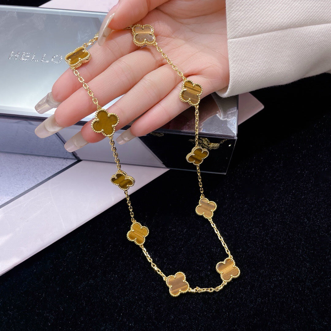 [Am jewelry]CLOVER 10 MOTIFS TIGER EYE NECKLACE