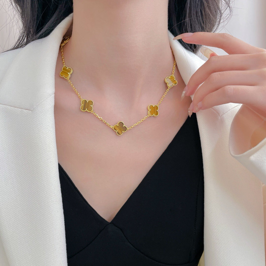 [Am jewelry]CLOVER 10 MOTIFS TIGER EYE NECKLACE