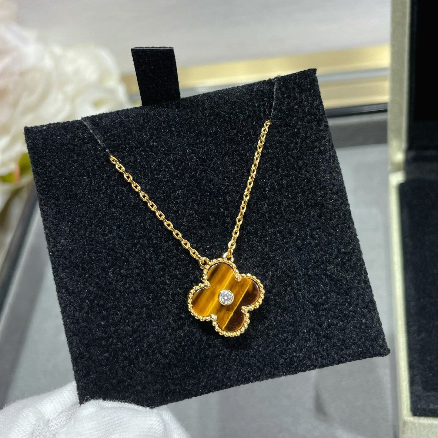 [Am jewelry]CLOVER 15MM DIAMOND AND YELLOW TIGER'S EYE AGATE necklace