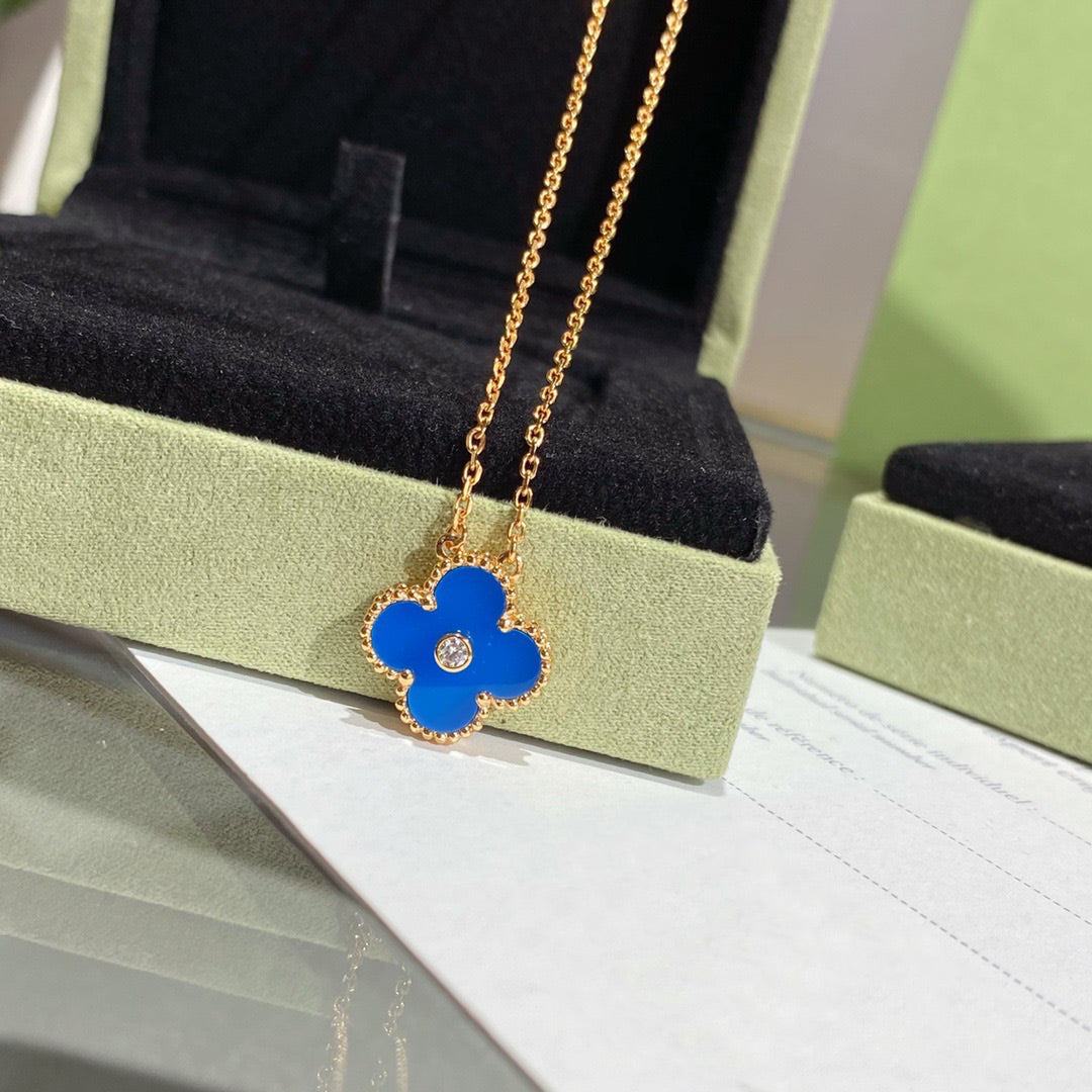 [Am jewelry]CLOVER 15MM DIAMOND AND BLUE AGATE NECKLACE