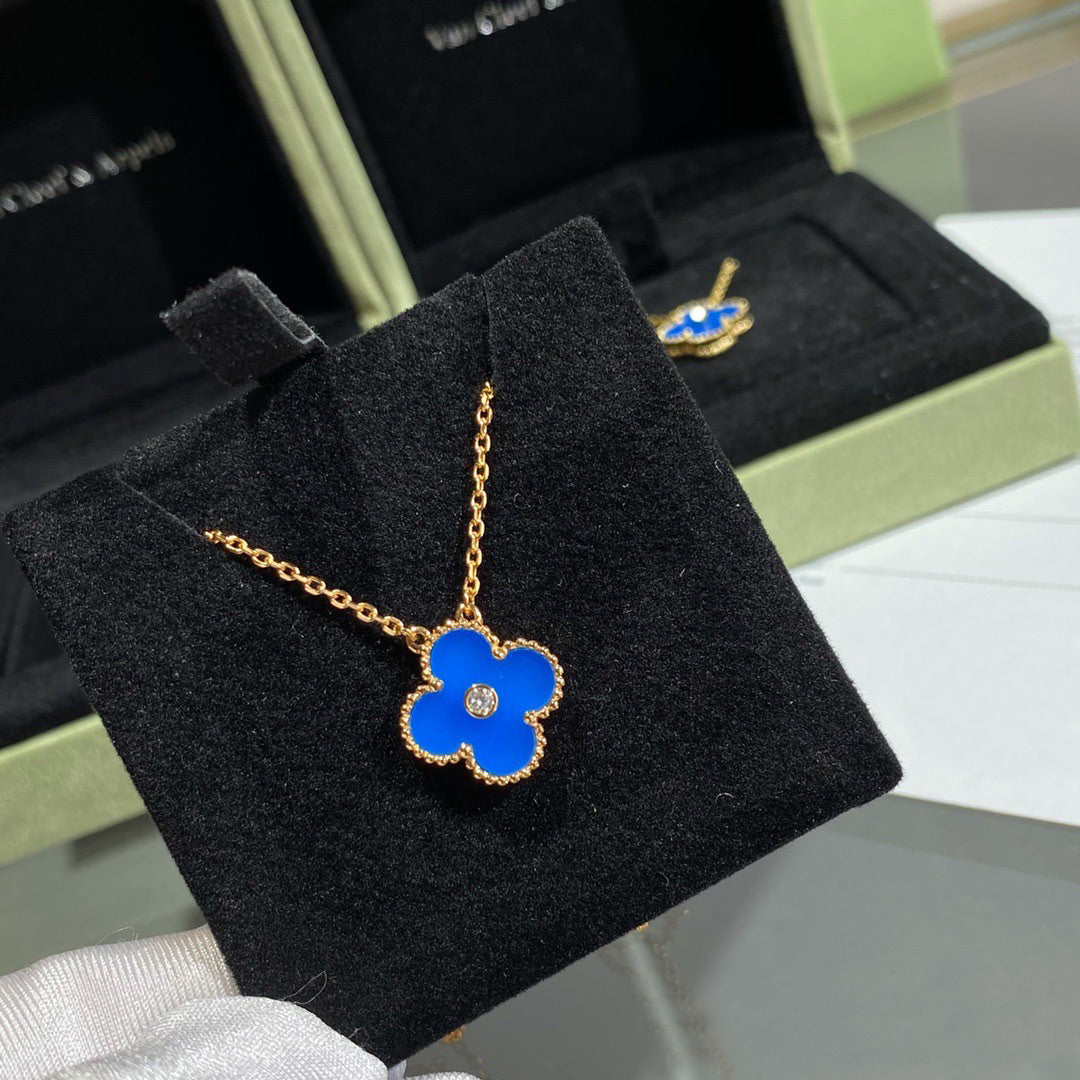 [Am jewelry]CLOVER 15MM DIAMOND AND BLUE AGATE NECKLACE