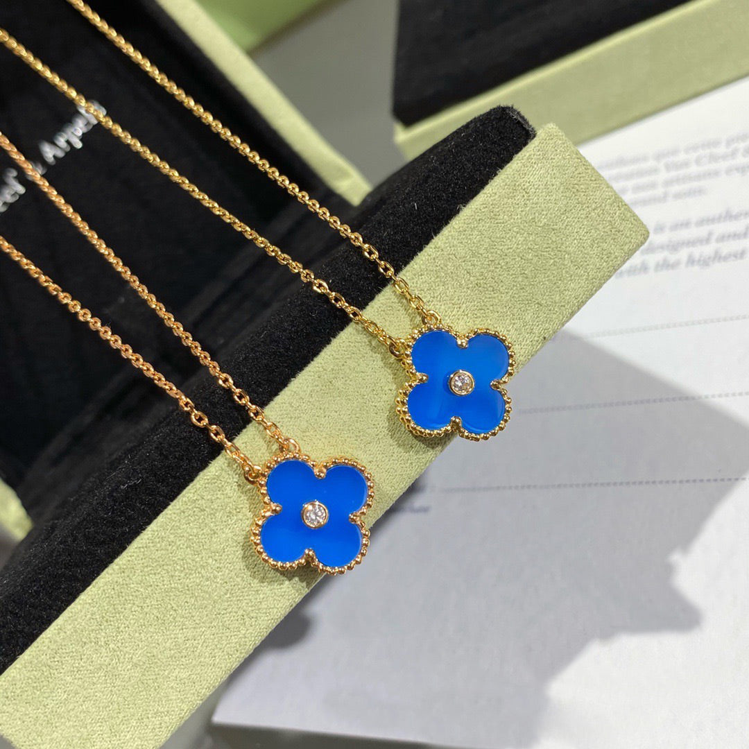 [Am jewelry]CLOVER 15MM DIAMOND AND BLUE AGATE NECKLACE