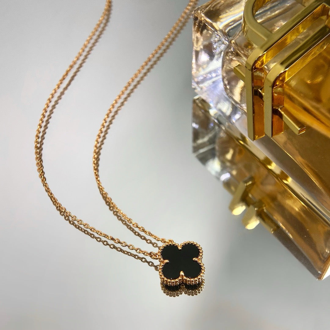 [Am jewelry]CLOVER 15MM BLACK ONYX SINGLE FLOWER NECKLACE