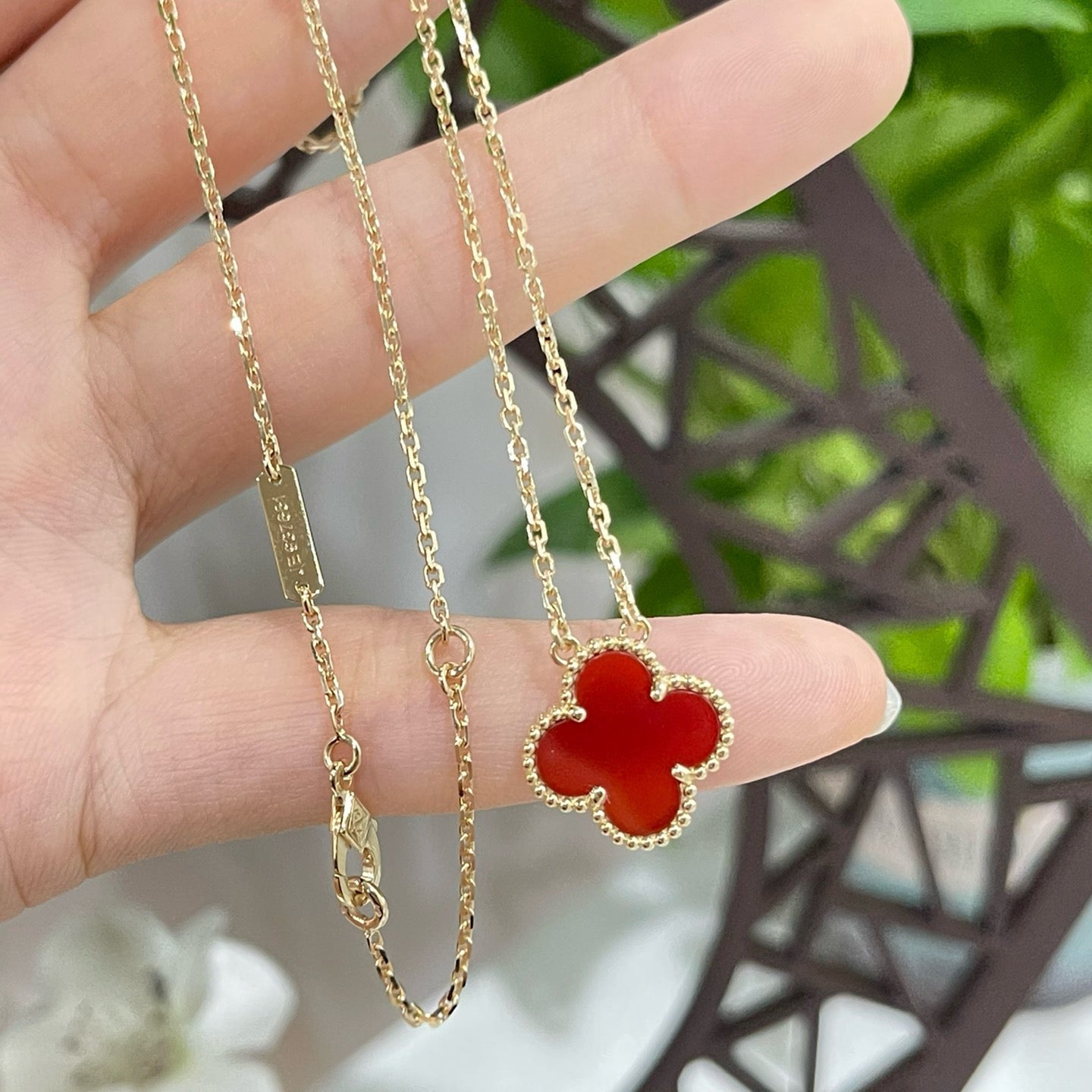 [Am jewelry]CLOVER 15MM CARNELIAN SINGLE FLOWER NECKLACE