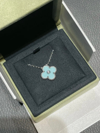 [Am jewelry]CLOVER 1 DIAMOND LIGHT BLUE SILVER NECKLACE