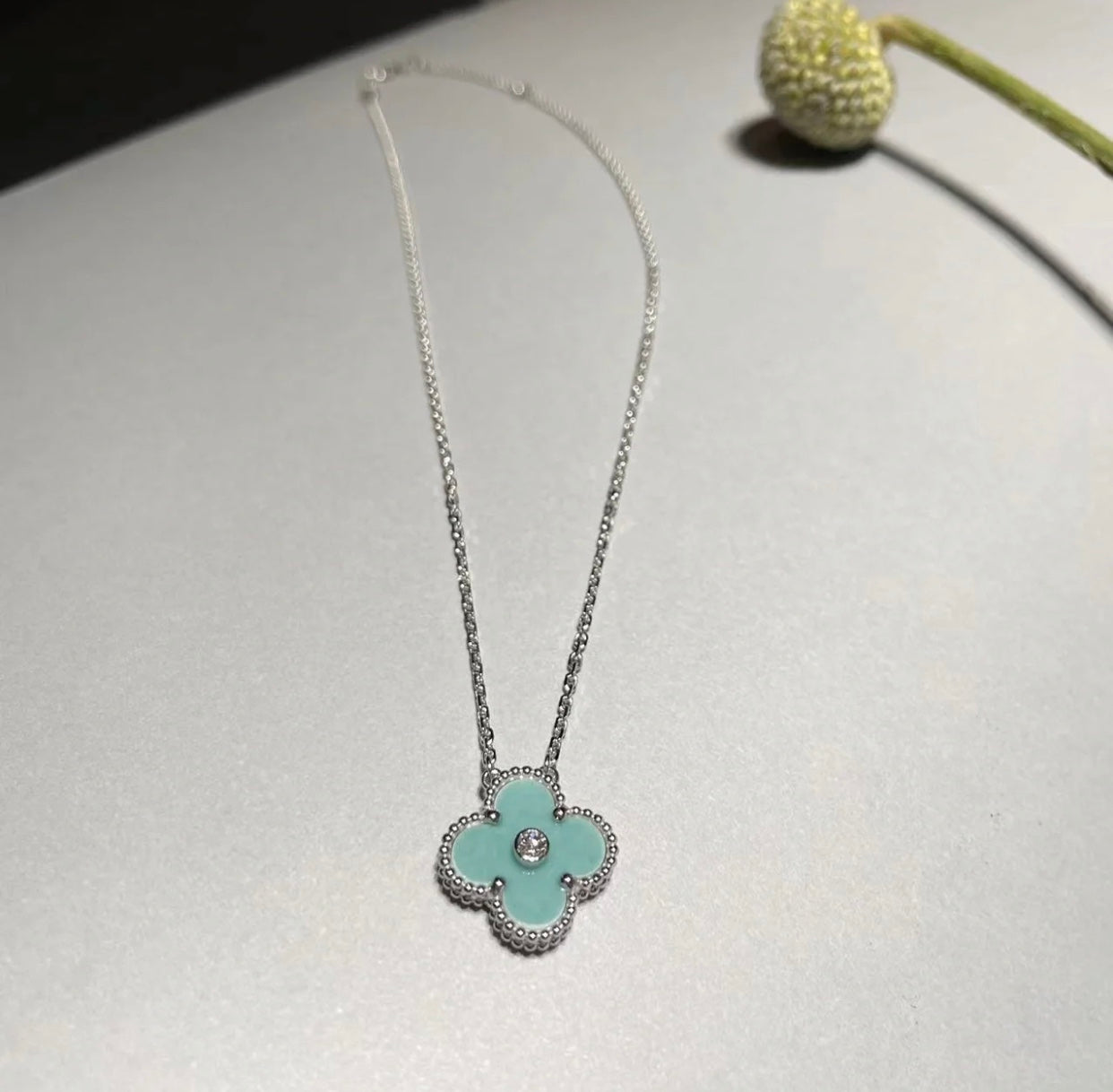 [Am jewelry]CLOVER 1 DIAMOND LIGHT BLUE SILVER NECKLACE