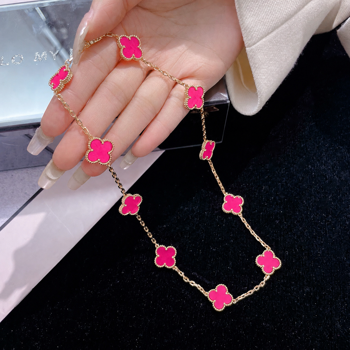 [AM Jewels]NEW CLOVER 10 MOTIFS PINK ENAMEL NECKLACE