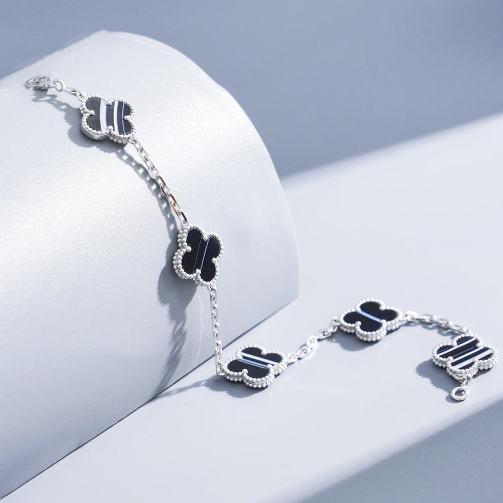[Am jewelry]CLOVER 5 MOTIF VEINED ONYX BRACELET SILVER